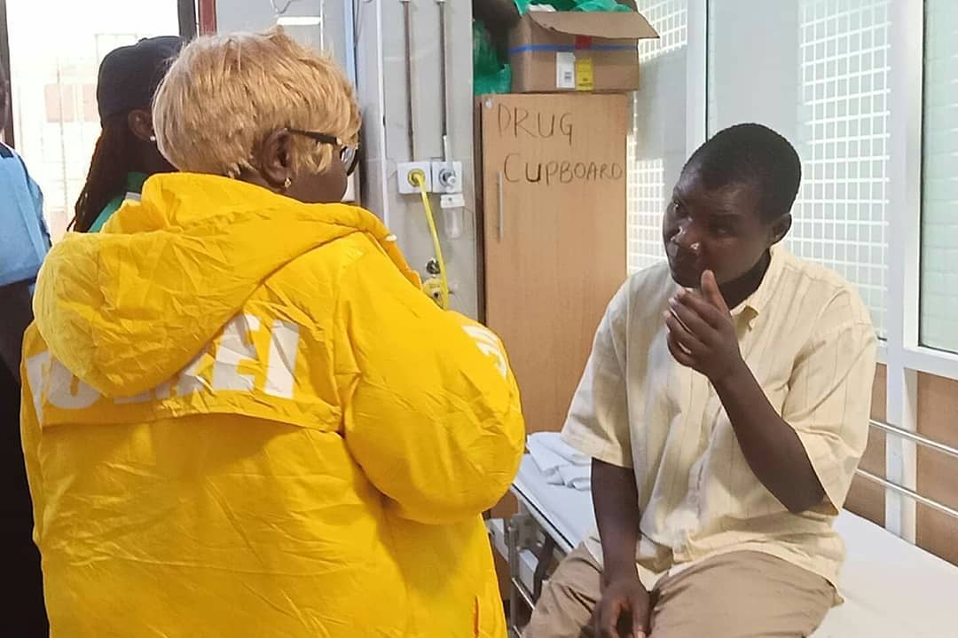 Conjestina Achieng' at a hospital in Nairobi after she was flown to the capital for treatment courtesy of Mike Sonko 