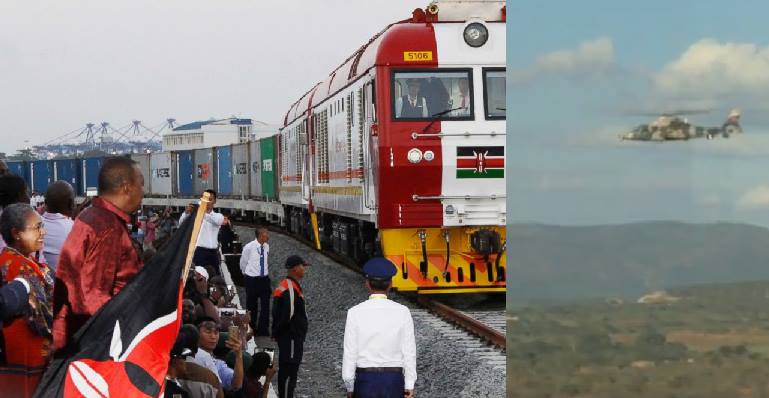 Air Force attack helicopters scrambled to protect president Uhuru during his entire ride on SGR train (Video)