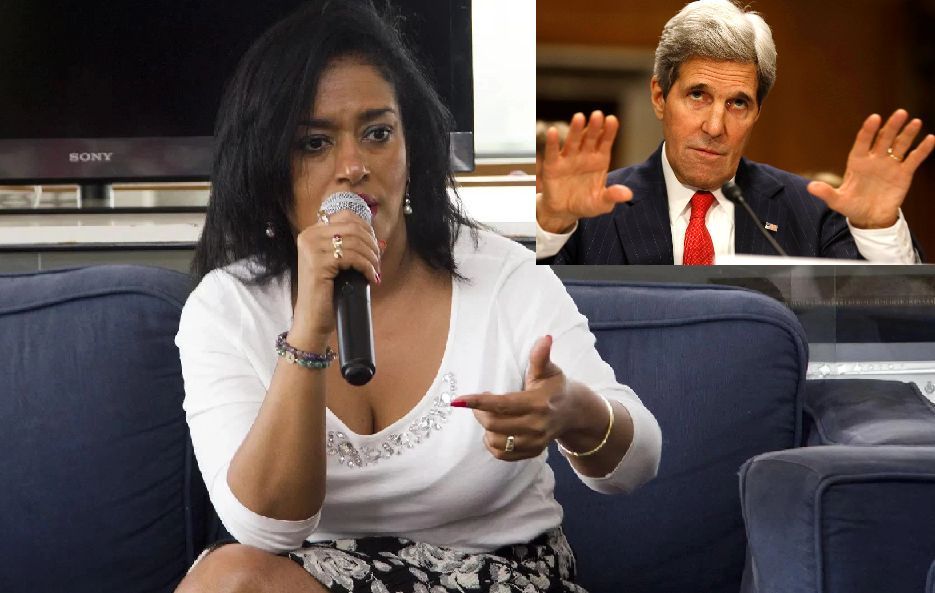 Former US presidential candidate John Kerry zips his mouth as Esther Passaris gives him a lecture