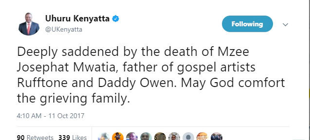 Uhuru Kenyatta message to Rufftone and Daddy Owen's family