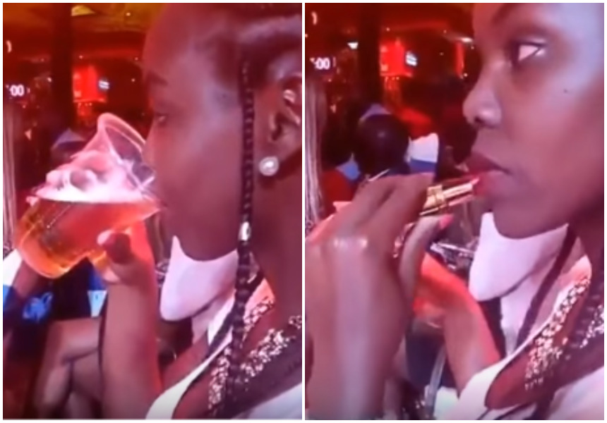 Kenyan slay queen leaves revelers in awe as she is seen applying lipstick after every sip of beer (Video)