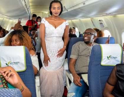 Popular fashion designer holds an in-flight fashion show to showcase her stunning bridal collection (Photos)