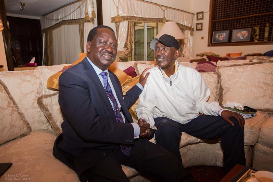 Raila Odinga and Chris Kirubi during their meeting on Tuesday