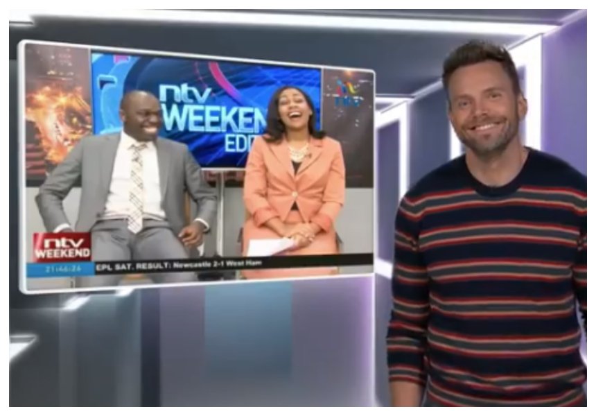 Larry Madowo and Victoria Rubadiri’s light moment on NTV shown on American comedy series – The Joel McHale Show 