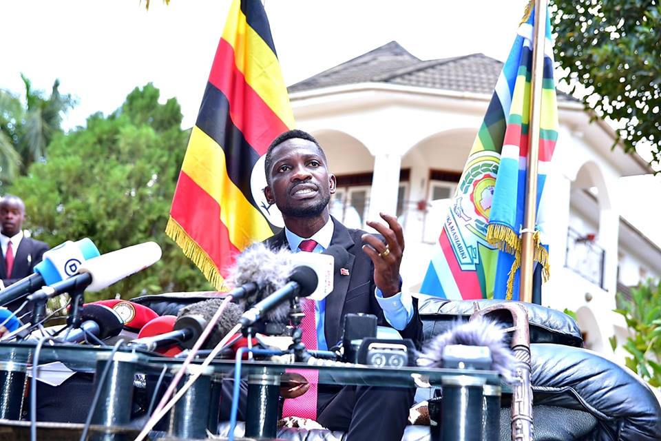 Bobi Wine during a press conference at his home 