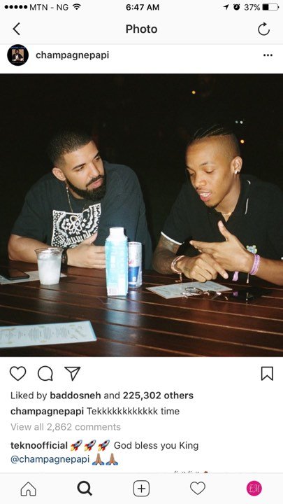 Drake shares hangout photo of himself and Tekno
