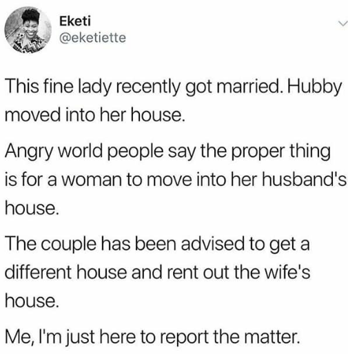 Is it proper for a man to move into his wife’s house? Ongoing Twitter debate