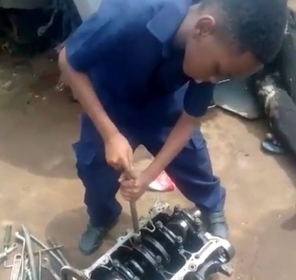 Kunle Afolayan 8 year old son, Darimisire interns as a mechanic