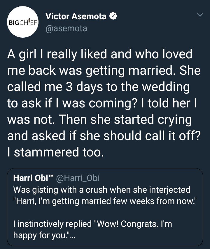 Lady plans to call off wedding because her crush wouldn’t be coming